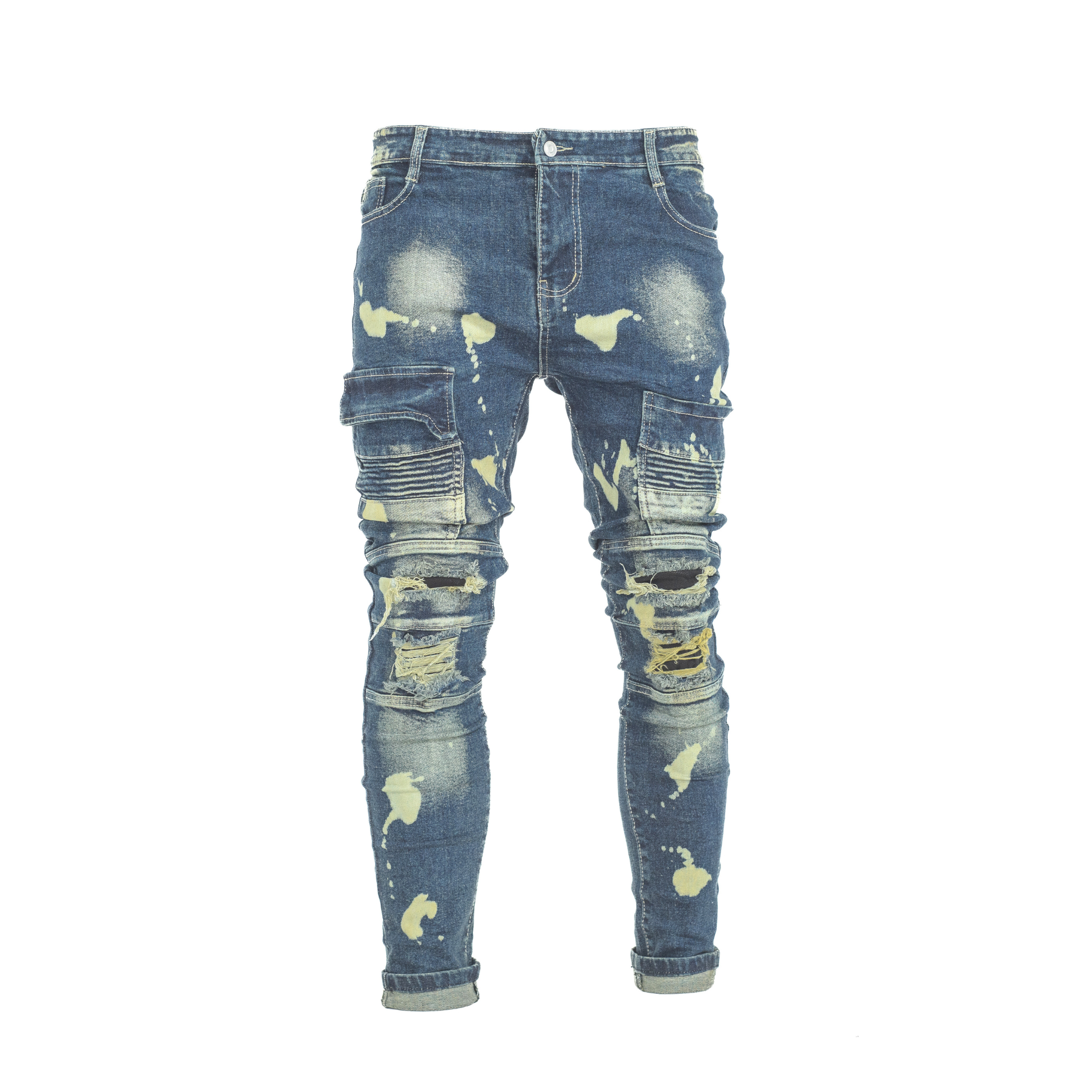 Men’s Bleach Strike Distressed Cargo Biker Denim