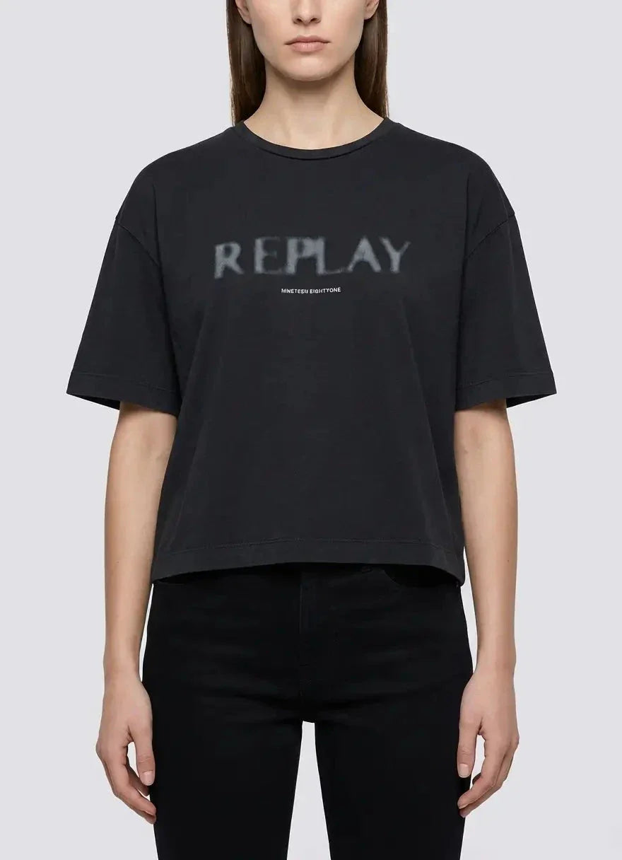 Replay Women Blackboard Logo Black Cropped T-Shirt